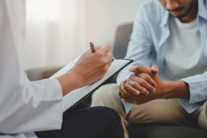 A man is sitting on a couch, participating in an intensive outpatient program.