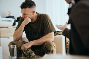 A veteran is in therapy and talking about depression.